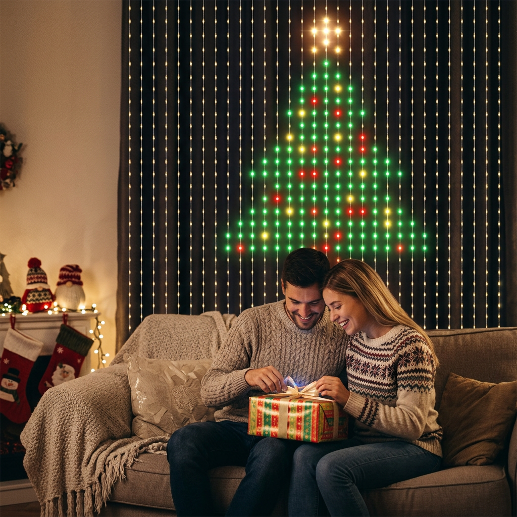 Pareja abriendo un regalo con la cortina de luces de fondo
